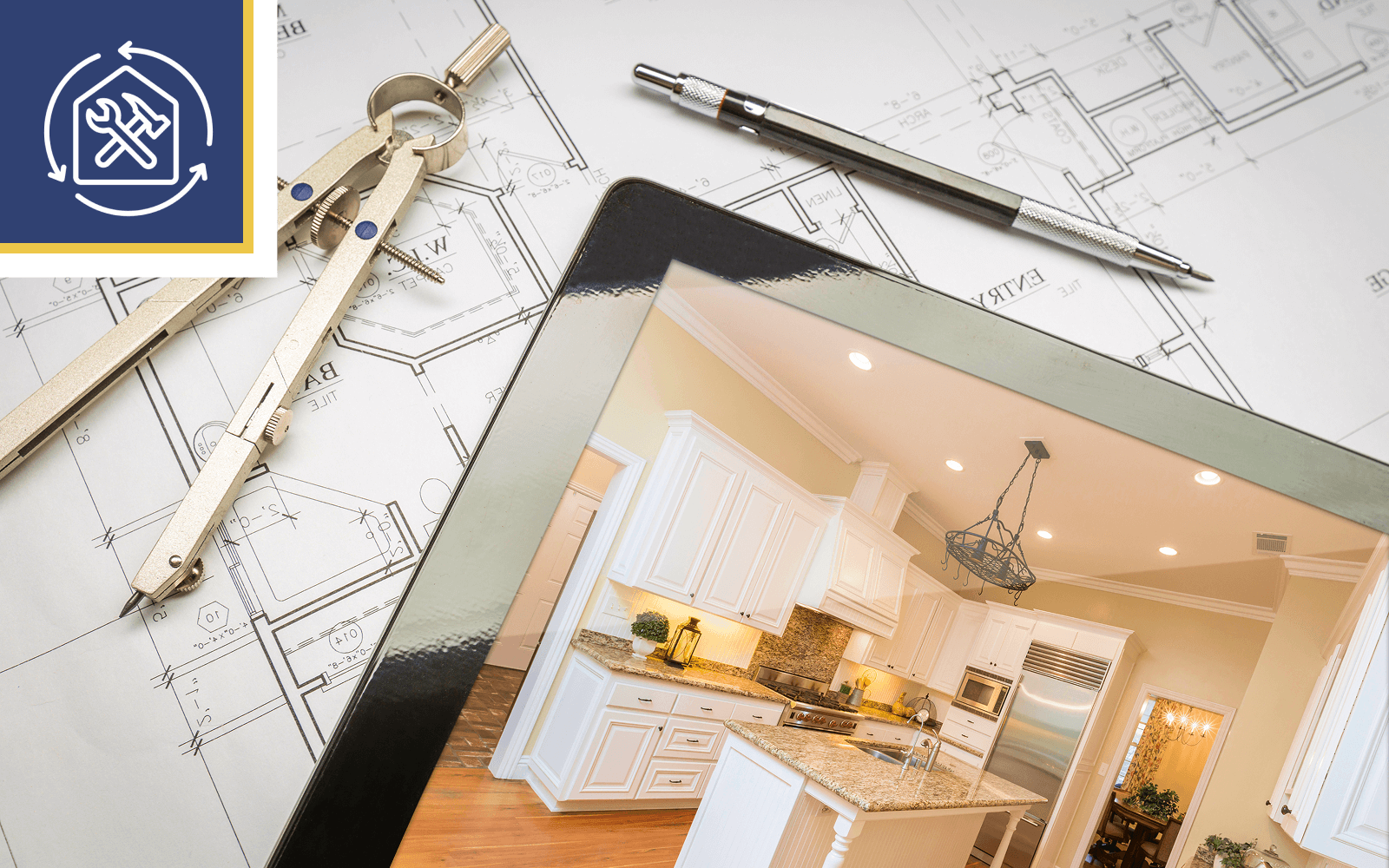 A tablet with an image of a kitchen on it.