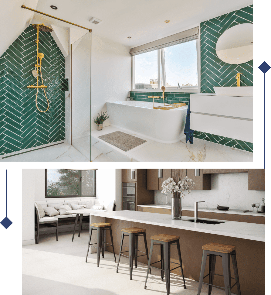 A bathroom with green tile and a kitchen.