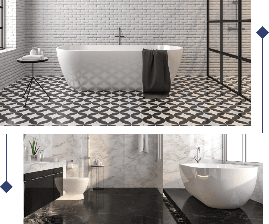 A bathroom with two different floors and one has a tub.