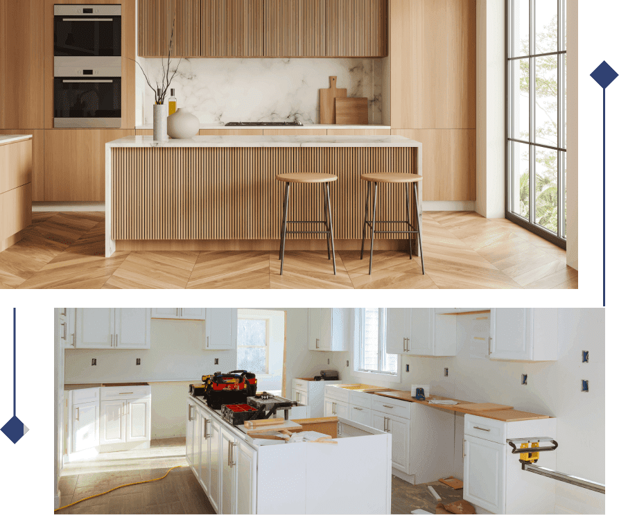 A kitchen with two different designs of cabinets.