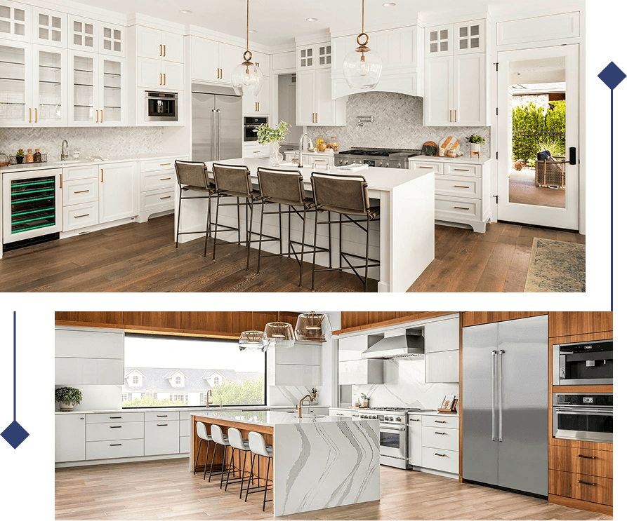 Two pictures of a kitchen with white cabinets and wood floors.